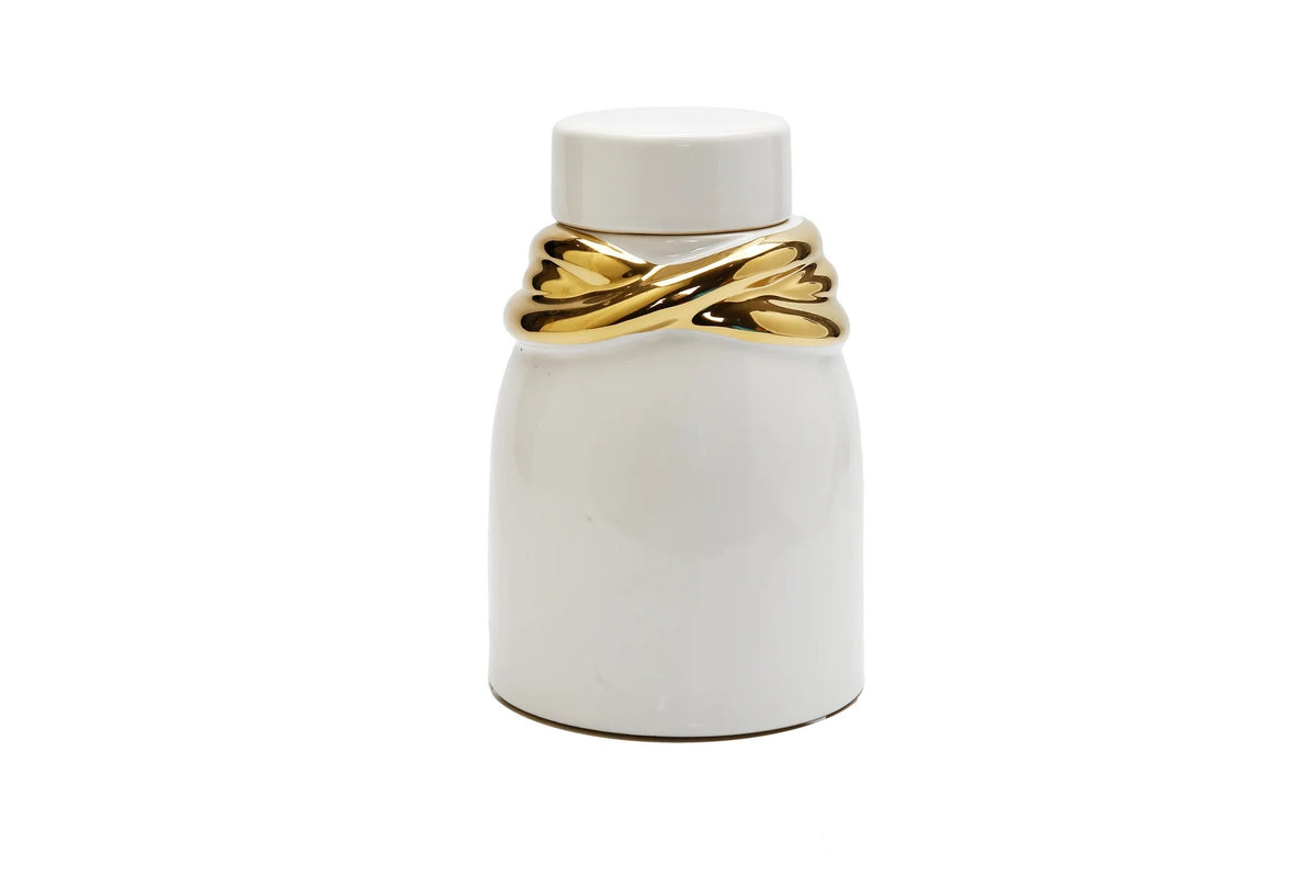 White Ceramic Jar with Lid and Gold Details - Small
