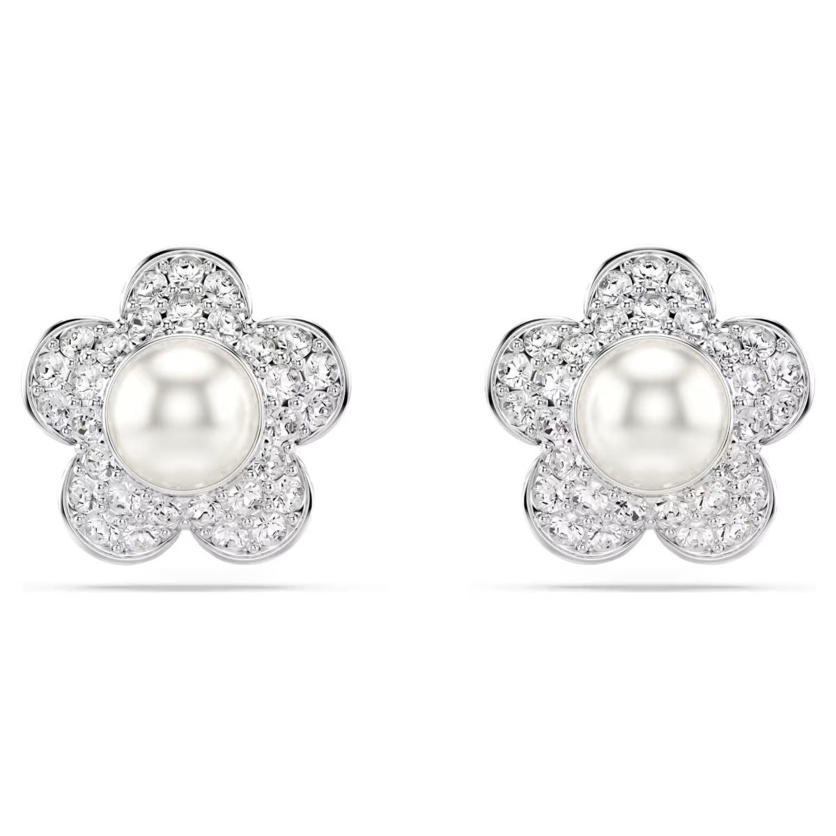 Ariana Grande x Swarovski stud earrings Crystal Pearl, Round cut, Flower, White, Rhodium plated