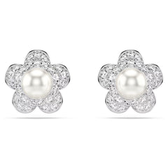 Ariana Grande x Swarovski stud earrings Crystal Pearl, Round cut, Flower, White, Rhodium plated