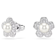 Ariana Grande x Swarovski stud earrings Crystal Pearl, Round cut, Flower, White, Rhodium plated