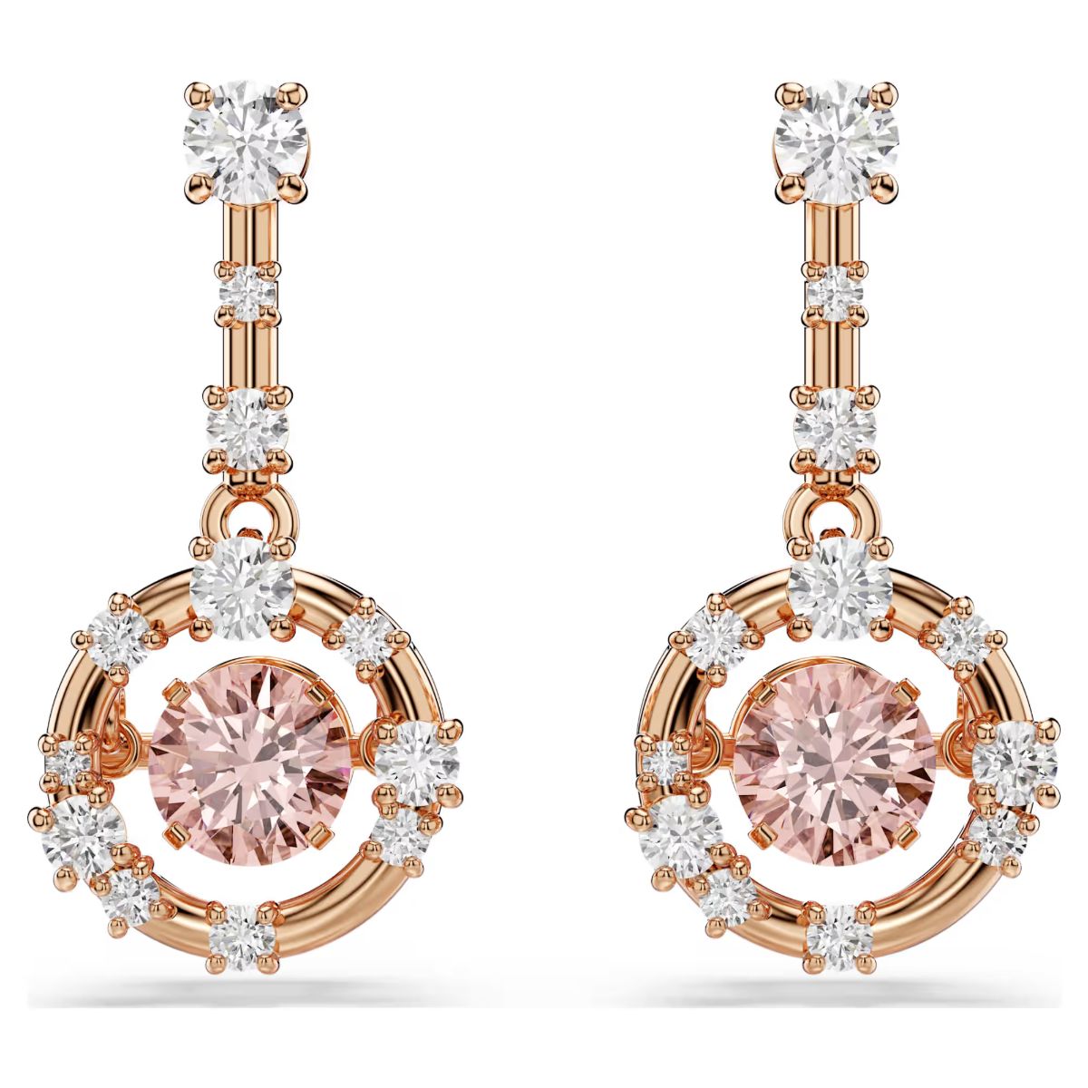 Constella drop earrings Round cut, Dancing stone, Pink, Rose gold-tone plated