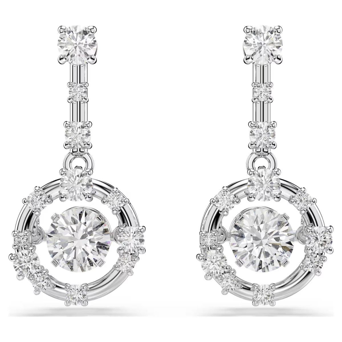 Constella drop earrings Round cut, Dancing stone, White, Rhodium plated