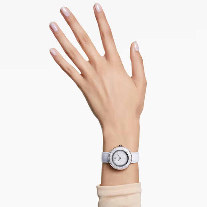 Crystalline lustre watch Swiss Made, Leather strap, White, Stainless steel