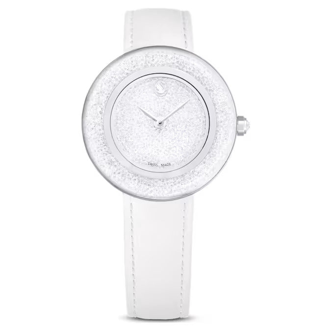 Crystalline lustre watch Swiss Made, Leather strap, White, Stainless steel