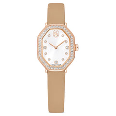 Dextera octagon watch Swiss Made, Leather strap, Brown, Rose gold-tone finish