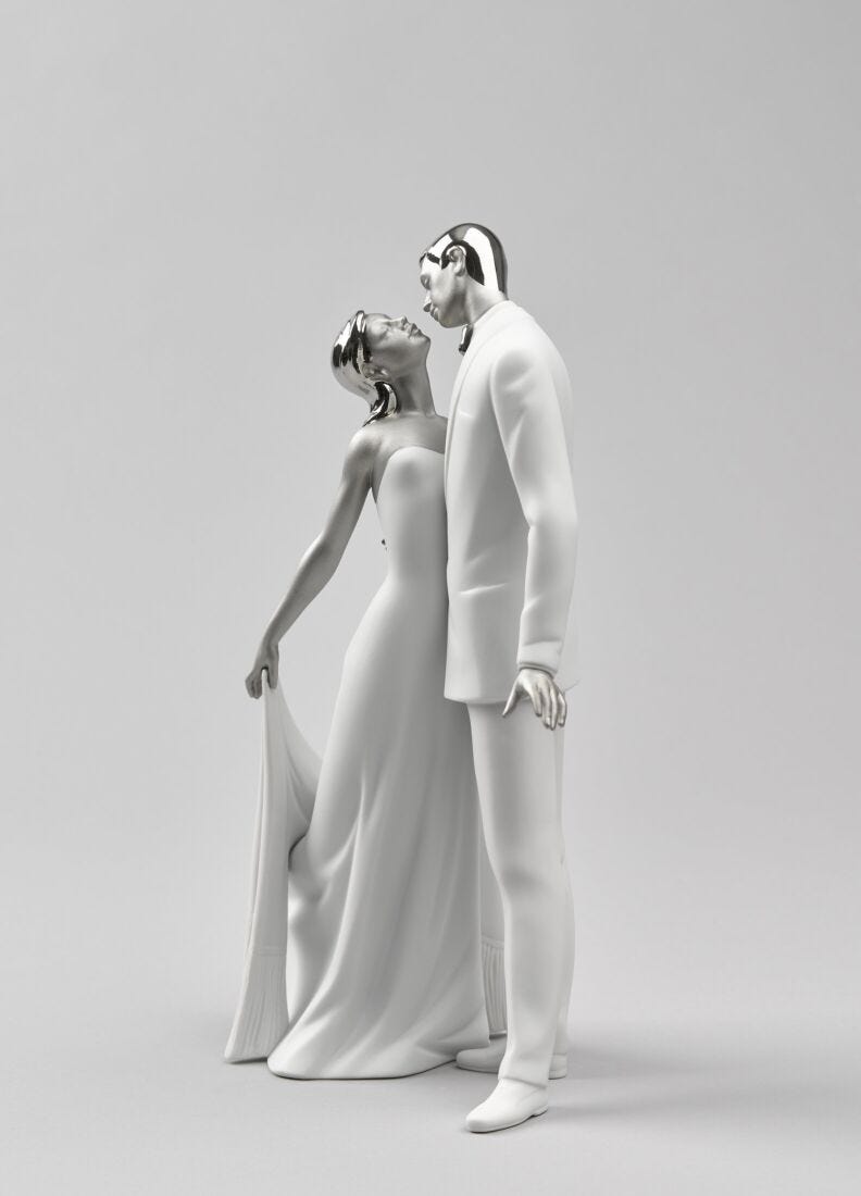 Happy Anniversary Couple Figurine. Silver Lustre