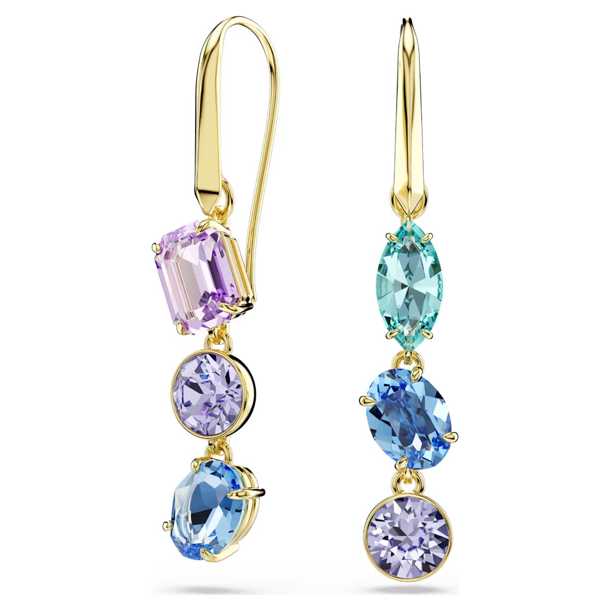 Gema drop earrings Asymmetrical design, Mixed cuts, Multicolored, Gold-tone plated