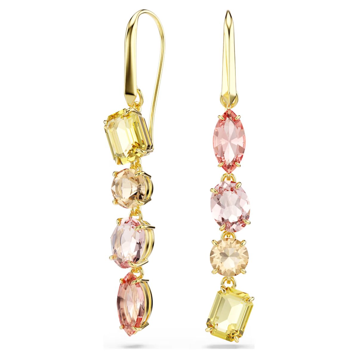 Gema drop earrings Asymmetrical design, Mixed cuts, Pink, Gold-tone plated