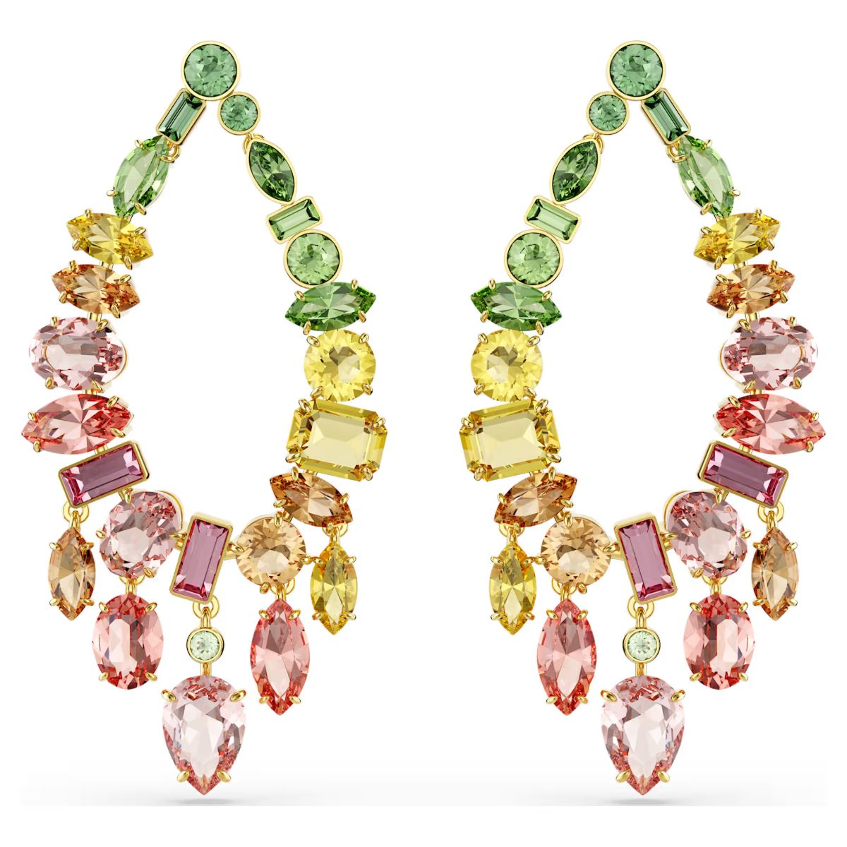 Gema drop earrings Mixed cuts, Chandelier, Multicolored, Gold-tone plated