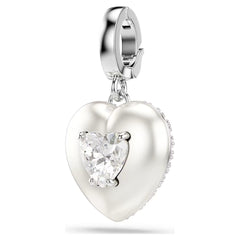 Idyllia charm Mixed cuts, Pearl-colored coating, Heart, White, Rhodium plated