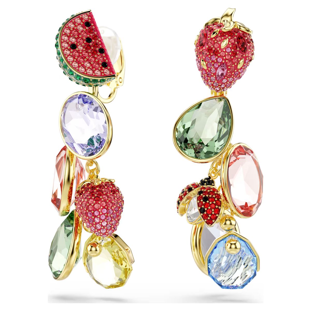 Idyllia clip earrings Mixed cuts, Fruit, Ladybug, Multicolored, 18K gold plated