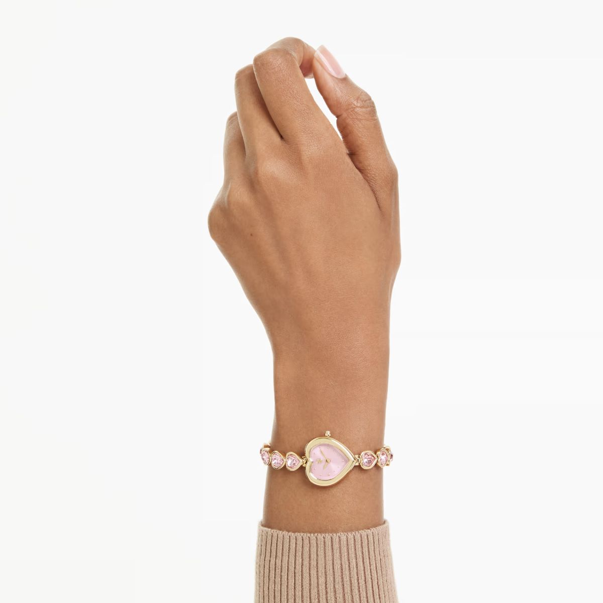 Idyllia Heart watch Crystal bracelet, Pink, Gold-tone finish