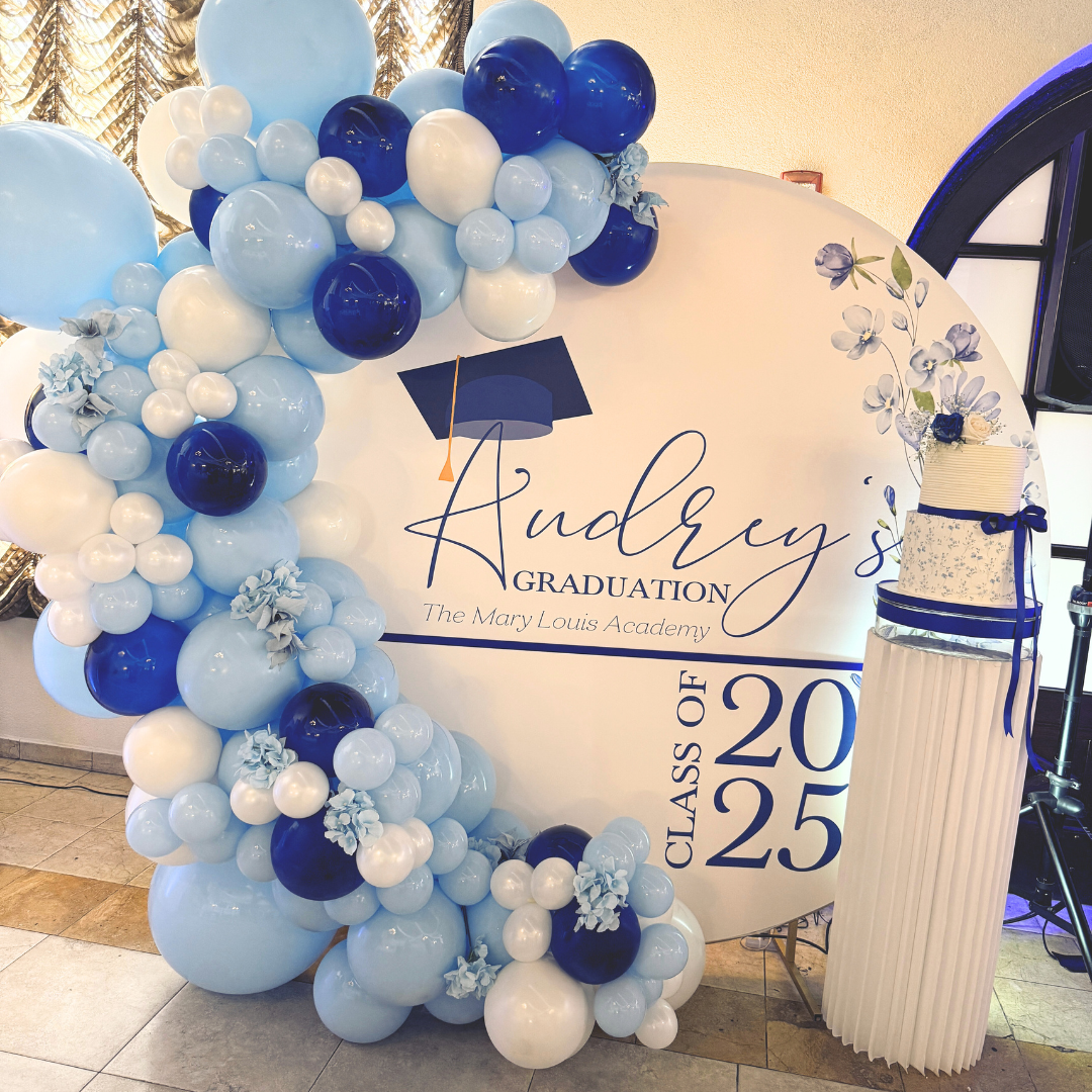 Elegant Graduate Backdrop in Blue & White