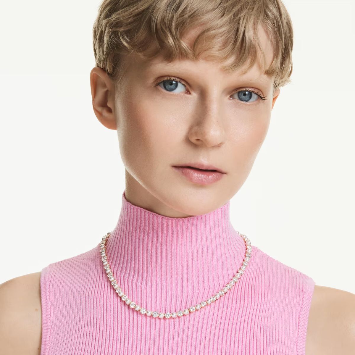 Matrix Tennis necklace Crystal pearl, Round cut, White, Gold-tone plated