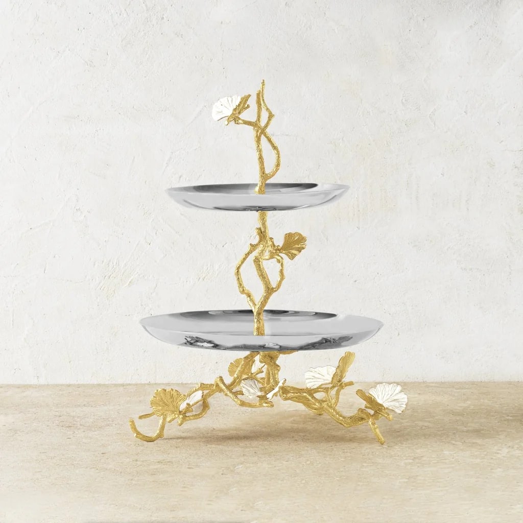 Butterfly Ginkgo Gold Two Tier Etagere