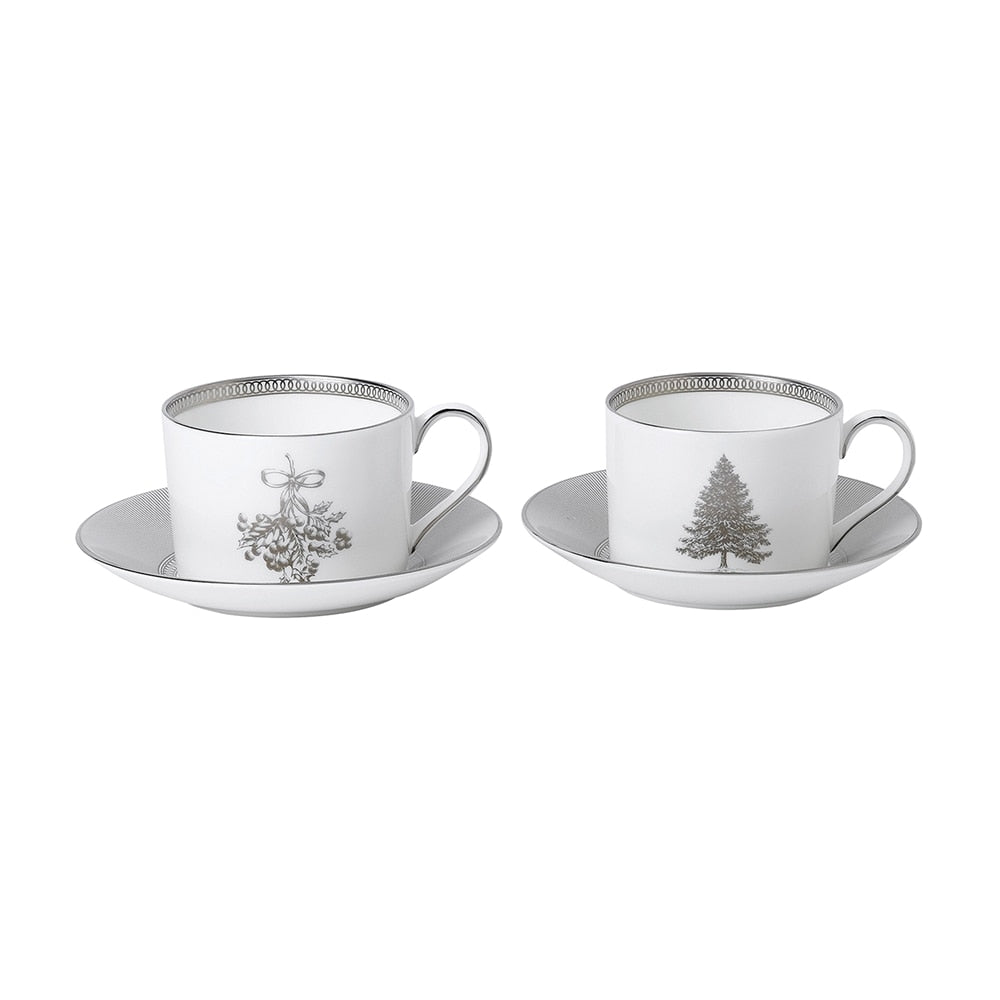 Winter White Teacup & Saucer, Set Of Two