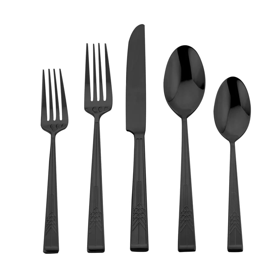 Frank Lloyd Wright Tree of Life Mirrored Black 18/10 Stainless Steel 20 Piece Flatware Set