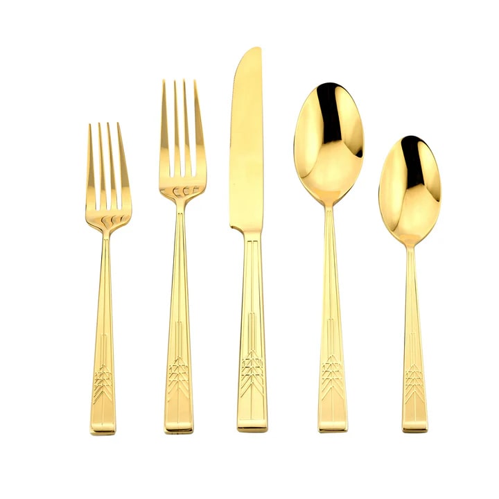 Frank Lloyd Wright Tree of Life Mirrored Gold 18/10 Stainless Steel 20 Piece Flatware Set