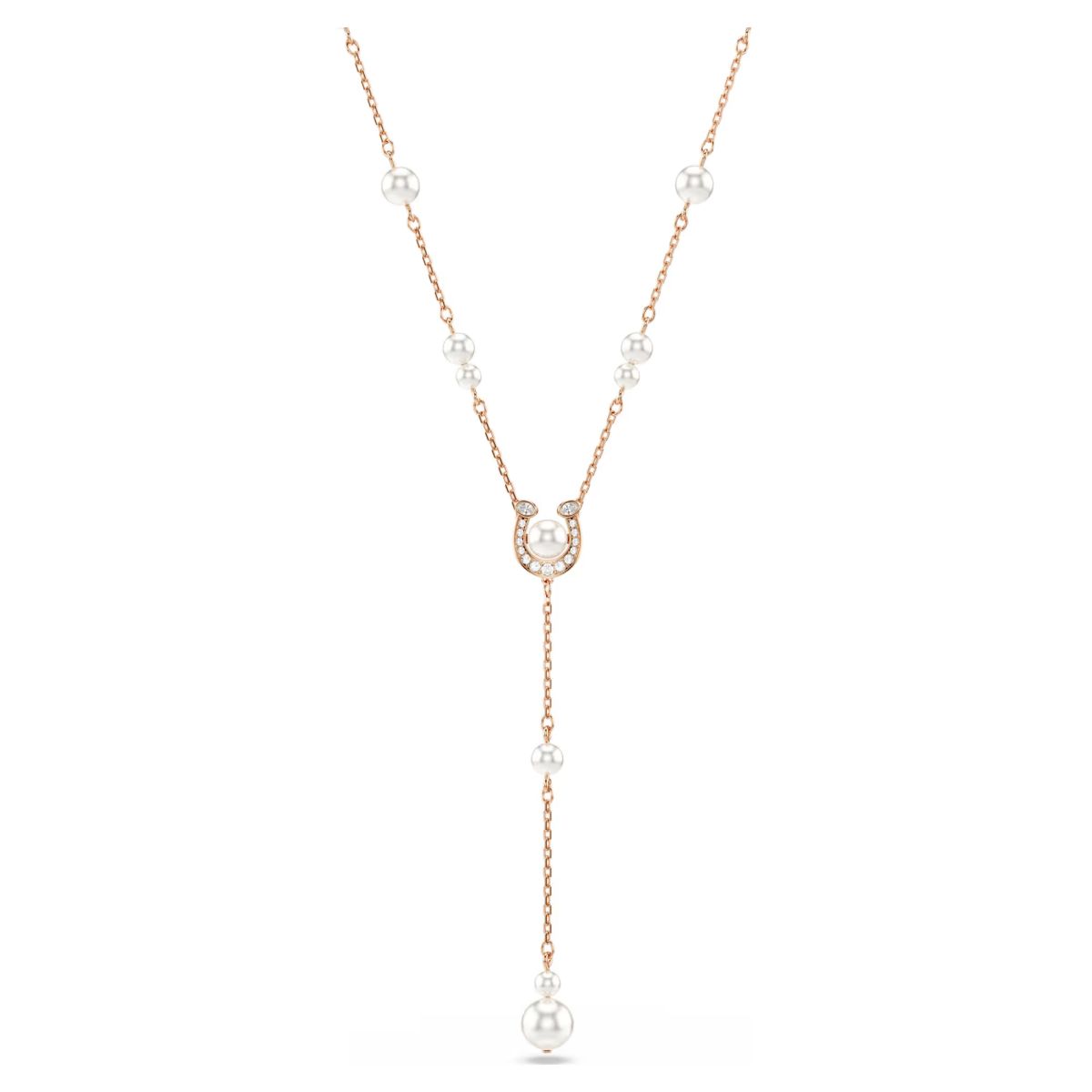 Symbolica Y necklace Crystal pearl, Pavé, Horse shoe, White, Rose gold-tone plated