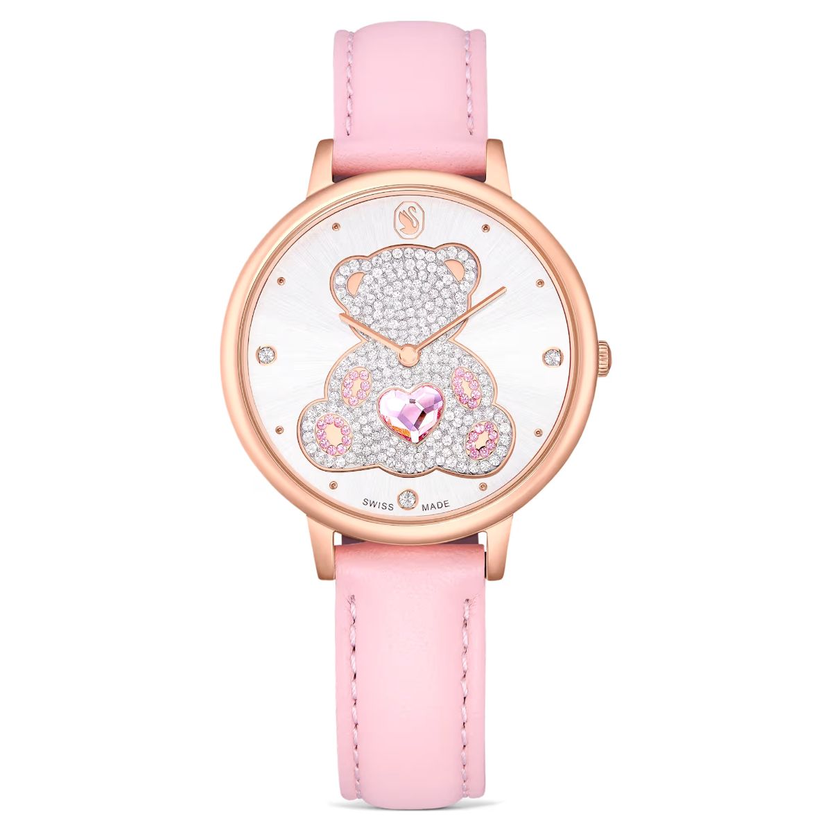 Teddy watch Swiss Made, Leather strap, Pink, Rose gold-tone finish