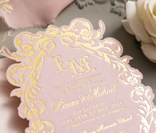 Gorgeous Shaped Foil Velvet Wedding Invitation w/ Floral Border