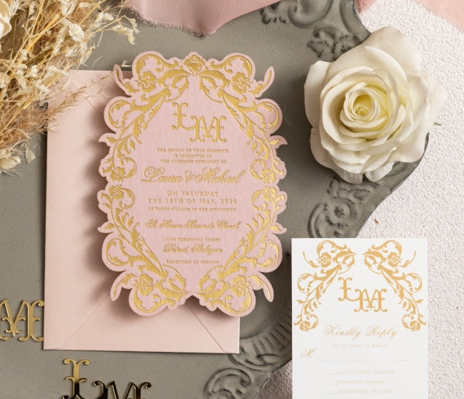 Gorgeous Shaped Foil Velvet Wedding Invitation w/ Floral Border