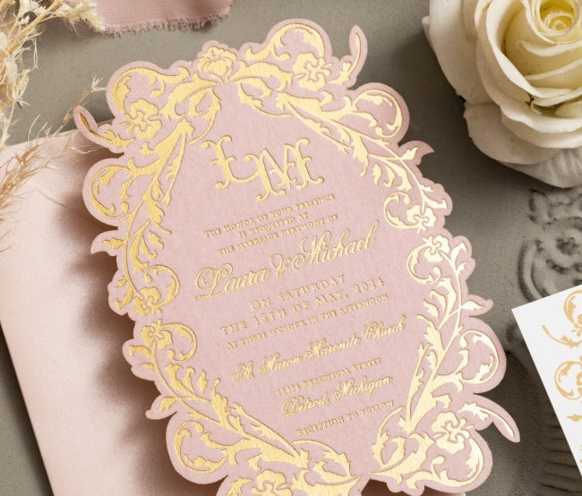 Gorgeous Shaped Foil Velvet Wedding Invitation w/ Floral Border