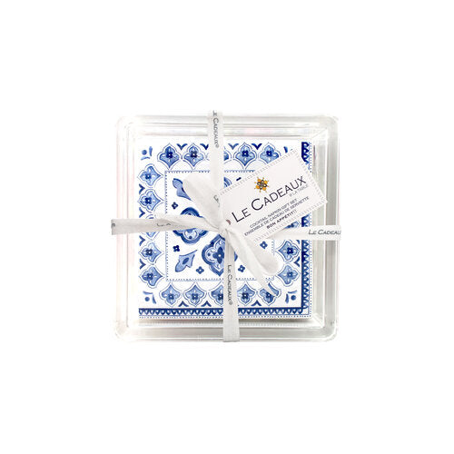 Le Cadeaux Moroccan Blue Patterned Paper Cocktail Napkins In Acrylic Holder Gift Set (Set Of 30) - 20% OFF