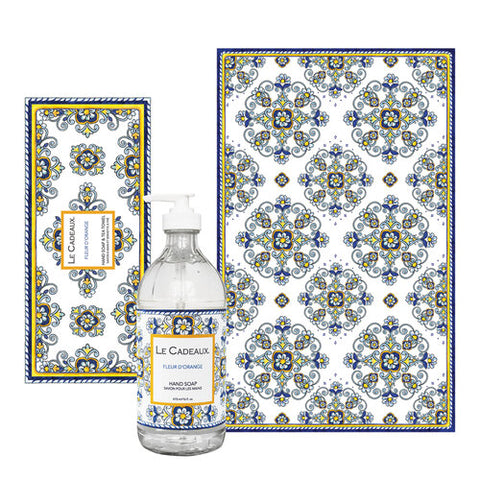 Fleur D'orange Fragranced Liquid Hand Wash in Glass Bottle with Coordinating Tea Towel in Decorative Gift Box