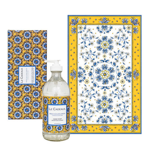 Le Cadeaux Fresh Sicilian Lemon Fragrance Hand Wash in Glass Bottle w/ Matching Tea Towel Decorative Boxed Gift Set - 20% OFF