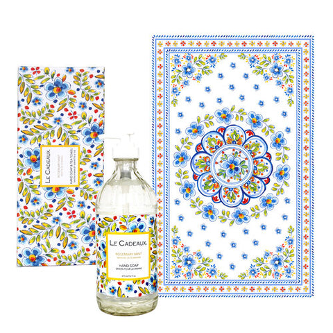 Le Cadeaux Rosemary Mint Fragrance Hand Wash in Glass Bottle w/ Matching Tea Towel Decorative Boxed Gift Set - 20% OFF