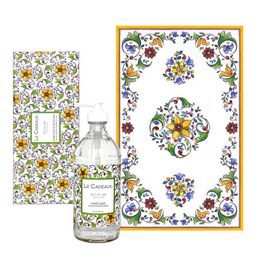 Le Cadeaux Zest of Lime Fragrance Hand Wash in Glass Bottle w/ Matching Tea Towel Decorative Boxed Gift Set - 20% OFF