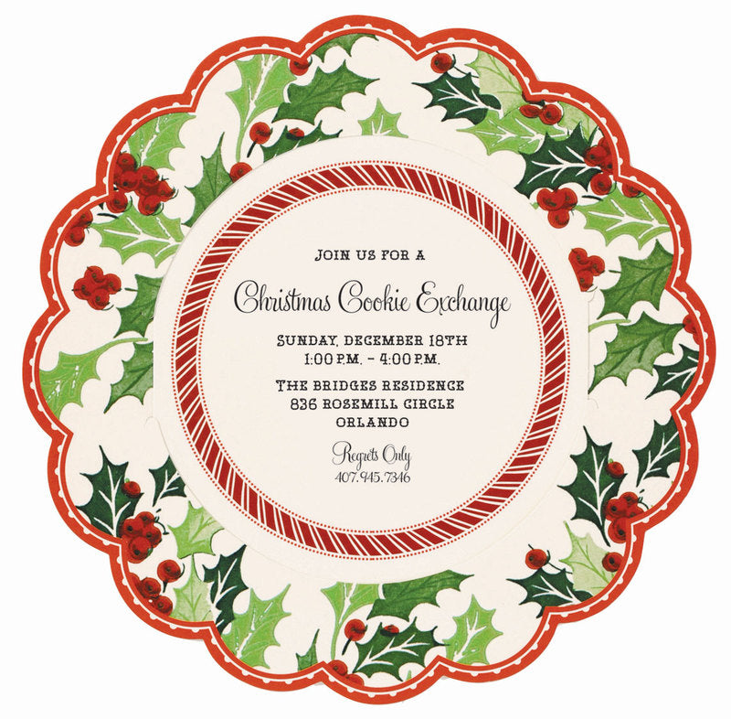 Christmas Holly Round Die-Cut Personalized Invitations (Set of 50)