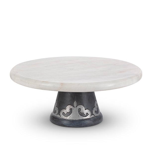 GG Collection Blackwashed Mango Wood Marble Cake Plate on Wood Pedestal - 20% OFF
