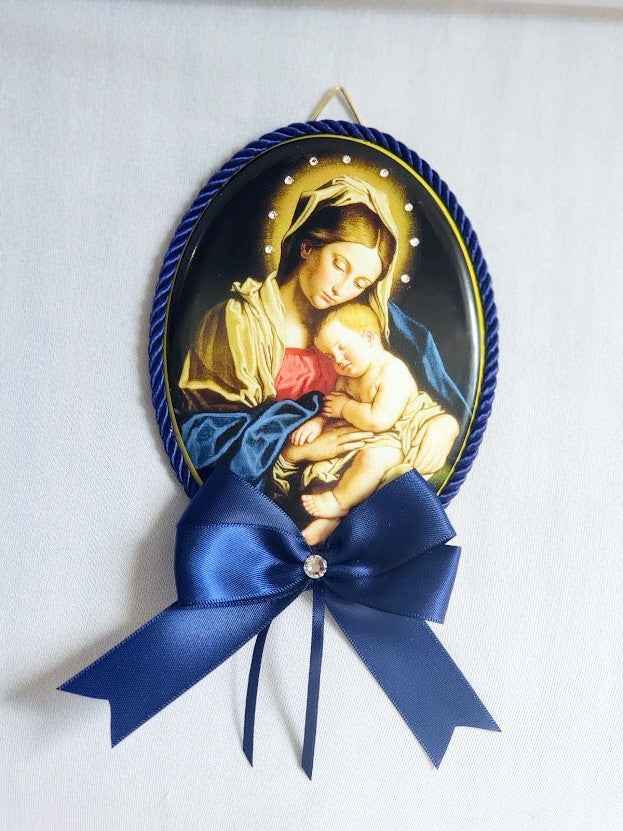 Keepsake Porcelain Plaque - Blessed Virgin Mary and Infant Child Jesus Blue Capezzale