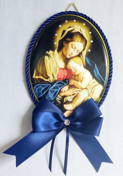 Keepsake Porcelain Plaque - Blessed Virgin Mary and Infant Child Jesus Blue Capezzale