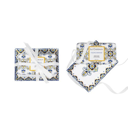 Fleur D'orange Fragranced Bar Soap on a Matching Melamine Soap Dish Gift Set