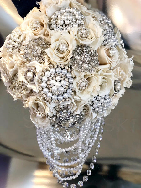 Ceremony Bouquet - Preserved Roses Rhinestone Brooches