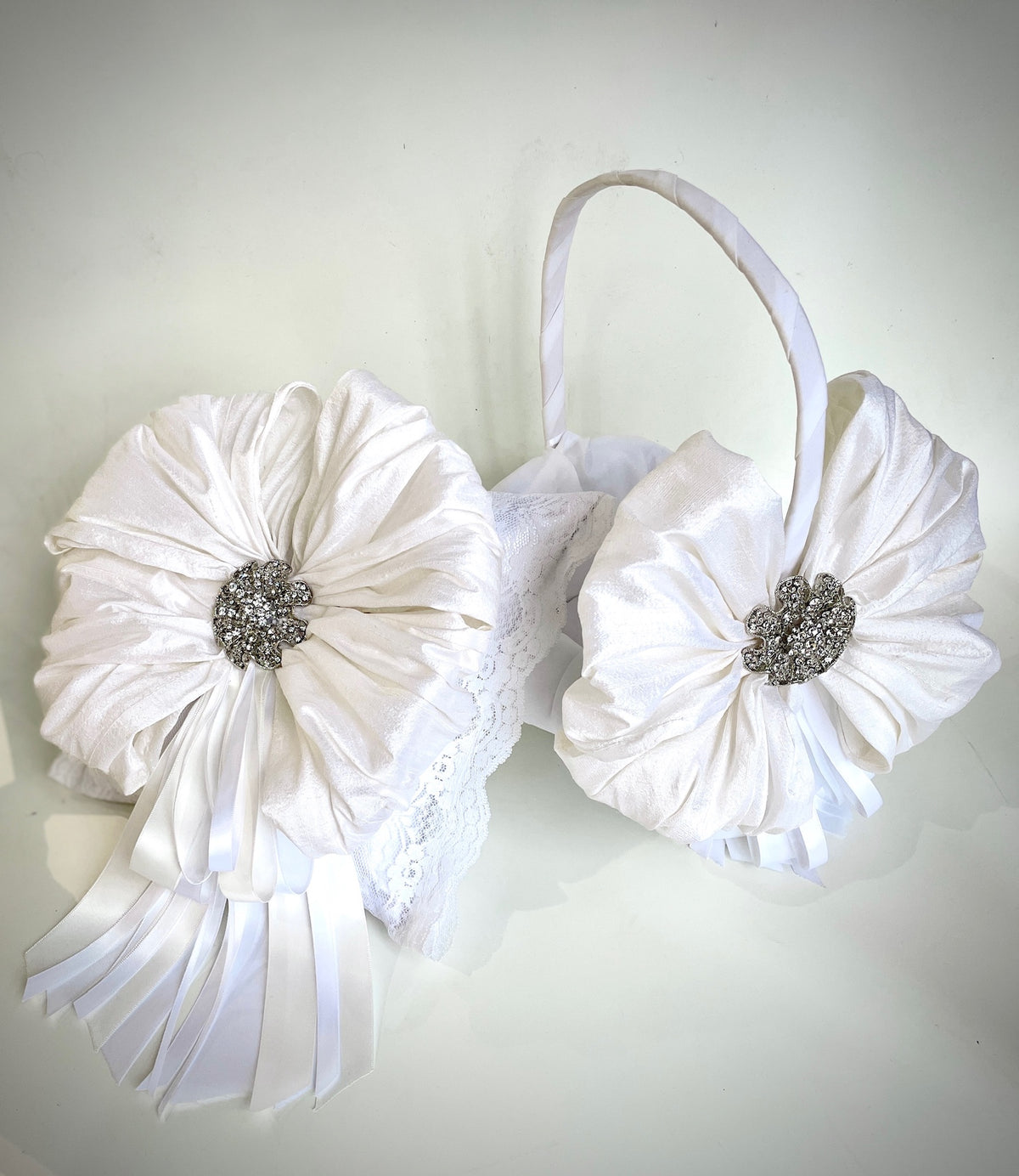 Flower Girl Basket - 10" oval satin silk & lace