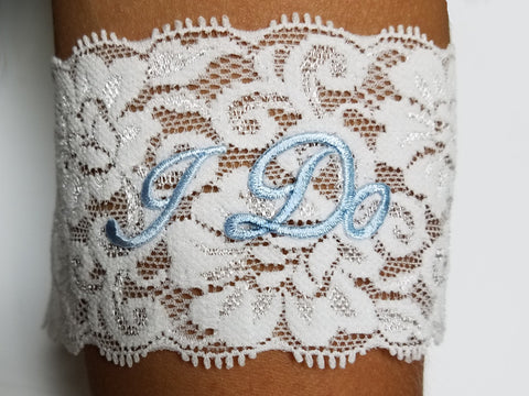 Dalmazio Design Stretch Lace Garter with Blue "I Do"