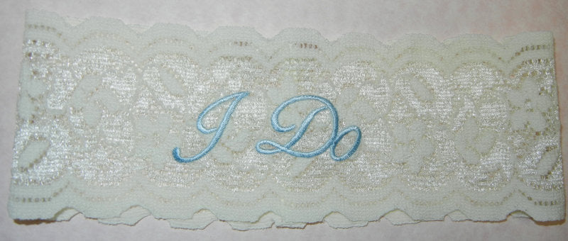 Dalmazio Design Stretch Lace Garter with Blue "I Do"