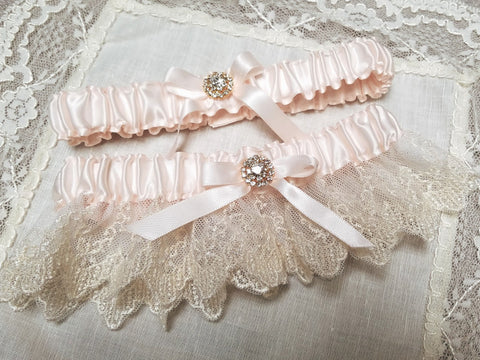 Blush Satin & Ivory Lace Garter Set