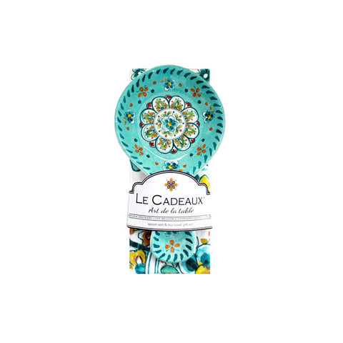 Madrid Turquoise Spoon Rest with Matching Tea Towel Gift Set