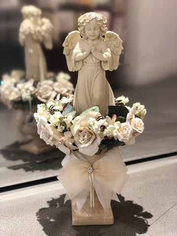 Guardian Angel Statuary Centerpiece in Glittered Floral Wreath w/ Planter Rental