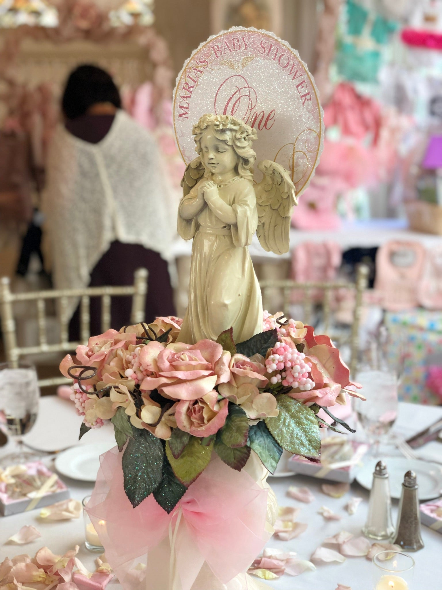 Guardian Angel Statuary Centerpiece in Glittered Floral Wreath w/ Planter Rental