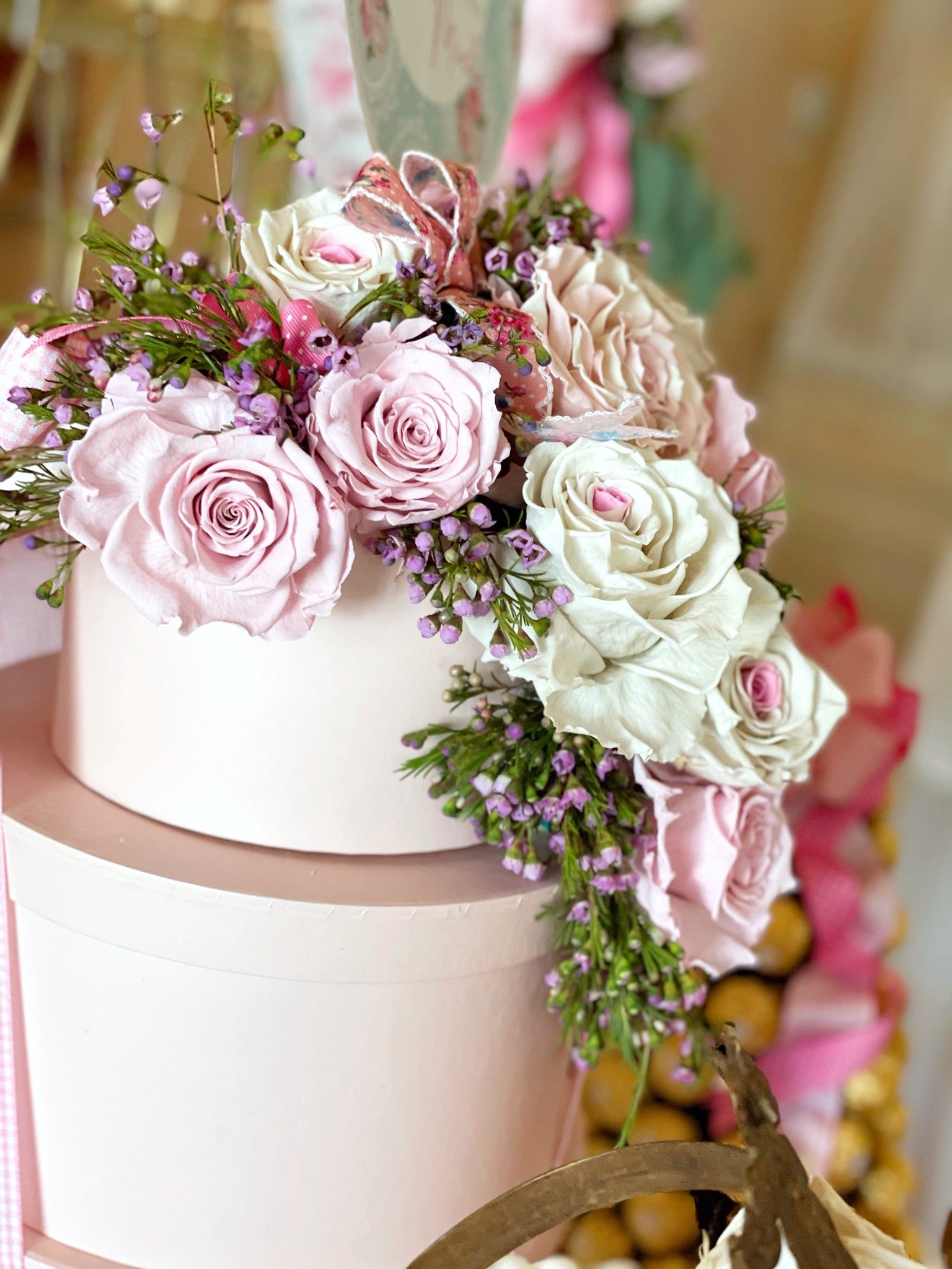 Floral Cascade Hat Box Bouquet Rental