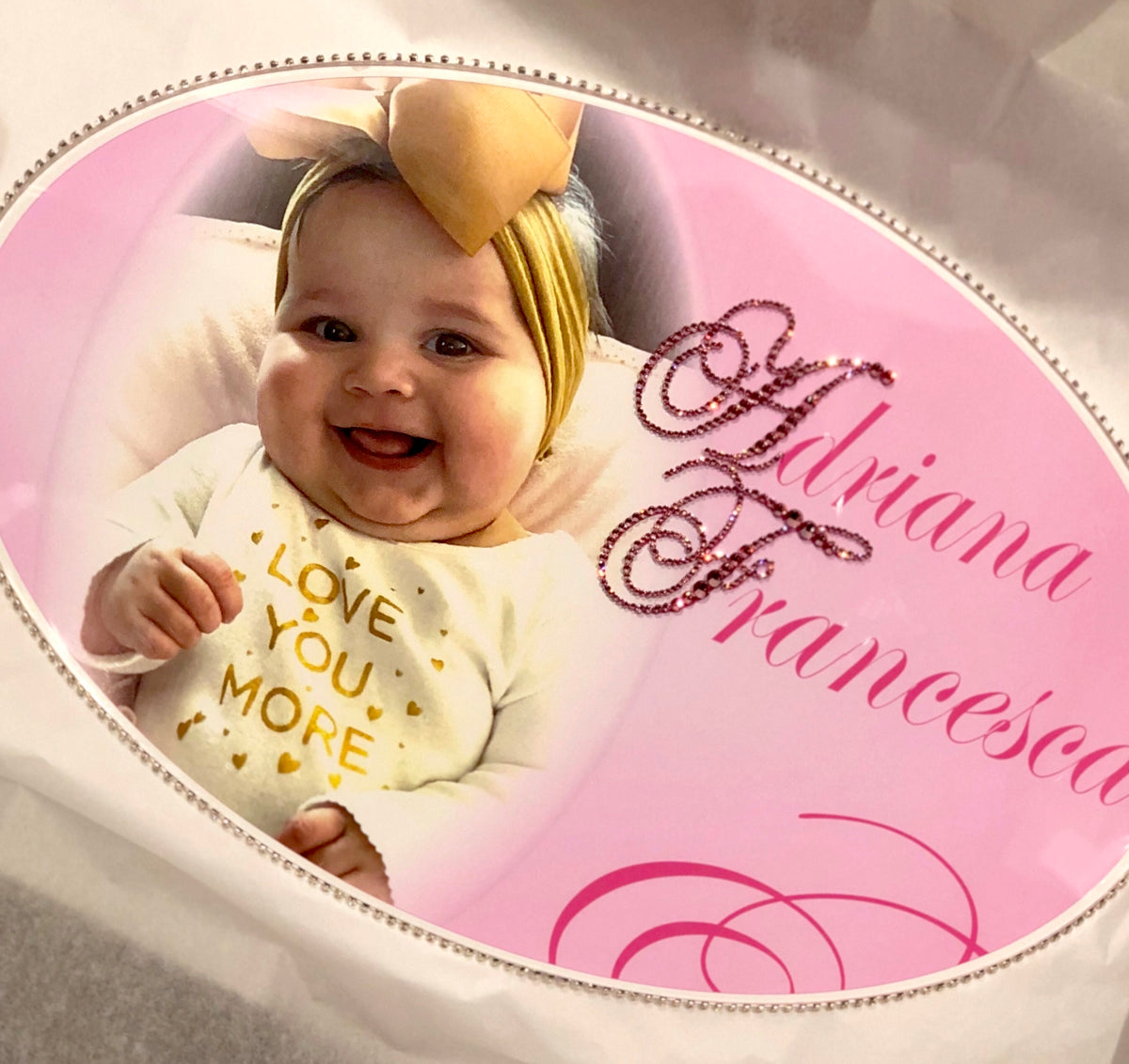 Keepsake Swarovski Plaque - Custom Baby Photo Off-Centered Left w/ Personalization & Crystalized Initials