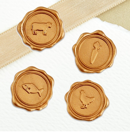 Menu Choice Adhesive Wax Seals 25Pk Quick-Ship Stickers - 1" - Beef, Chicken, Fish, Or Vegetarian - Classic Gold