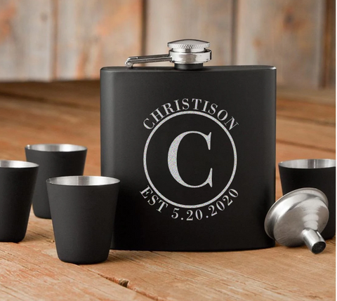 Perfectly Personalized Black Flask Set - Flask & 4 Shot Glasses Gift Box Set