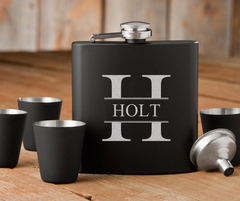 Perfectly Personalized Black Flask Set - Flask & 4 Shot Glasses Gift Box Set